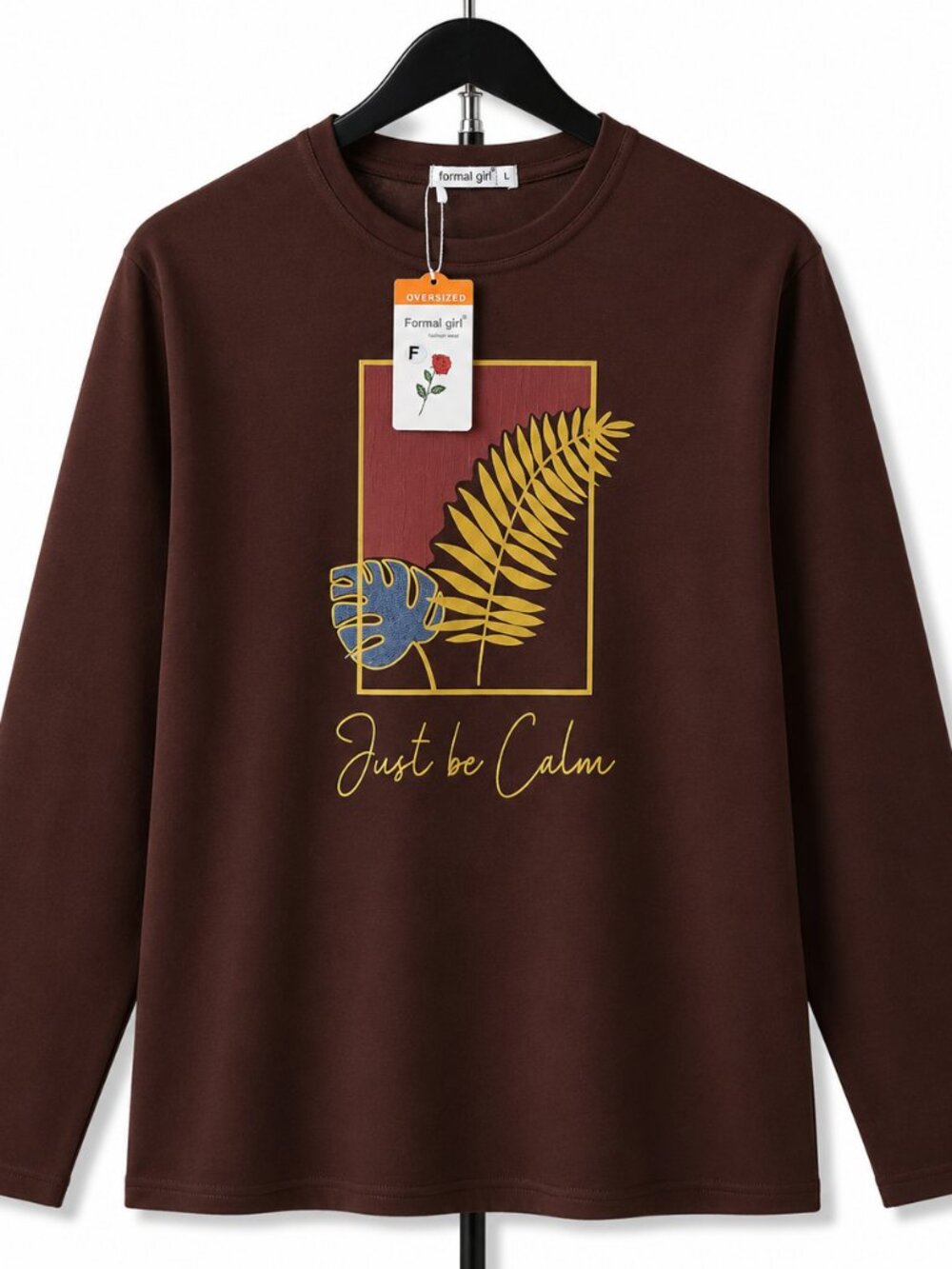 Formal Girl Women's Brown Just Be Calm Graphic Long Sleeve Tee L NWT